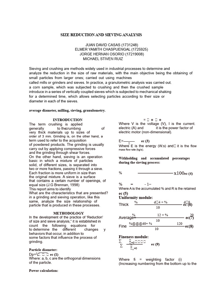 Report #1 Size Reduction and Screening | PDF | Mill (Grinding)