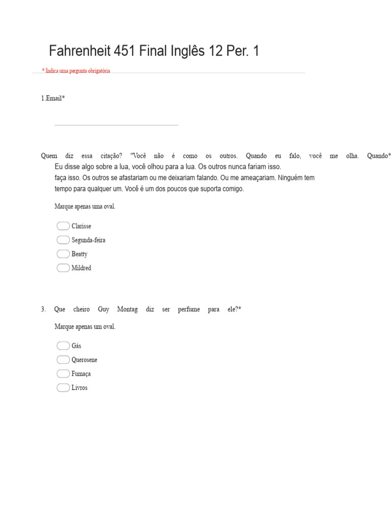 Fahrenheit 451 Final Inglês 12 - Google Forms | PDF