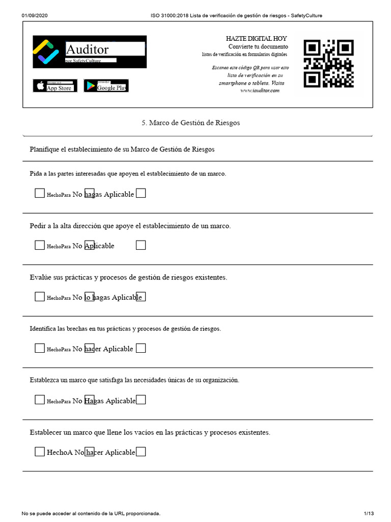 Checklist ISO 31000:2018 Gestión de Riesgos | PDF