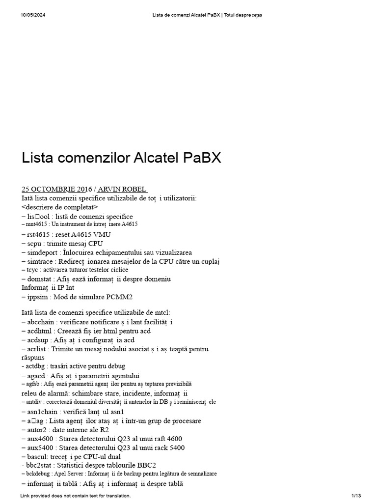 Lista de Comenzi Alcatel PaBX | PDF