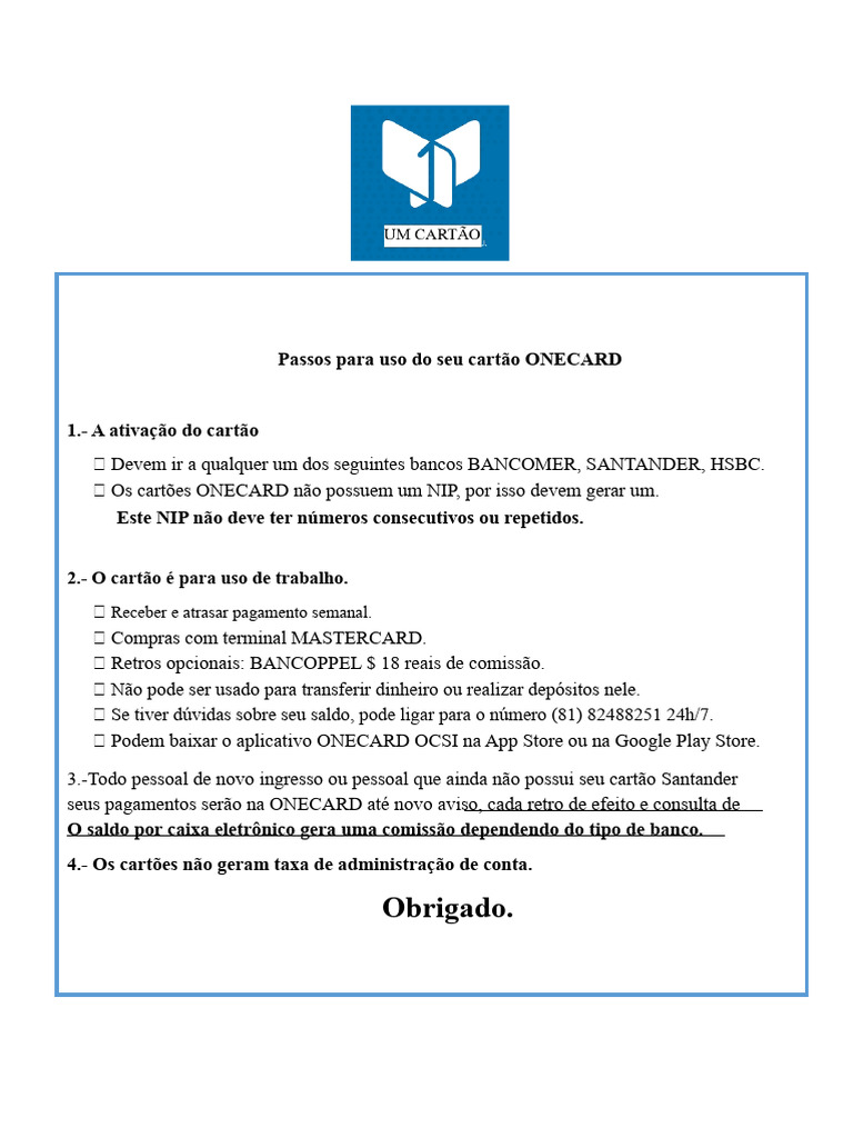 Como Usar o Cartão ONECARD: Guia Prático | PDF