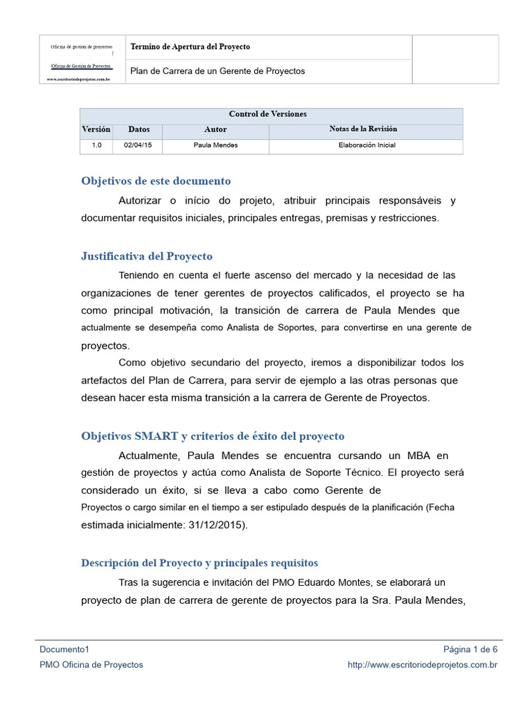 Término de Apertura Del Proyecto | PDF | Planificación | Gestión de ...