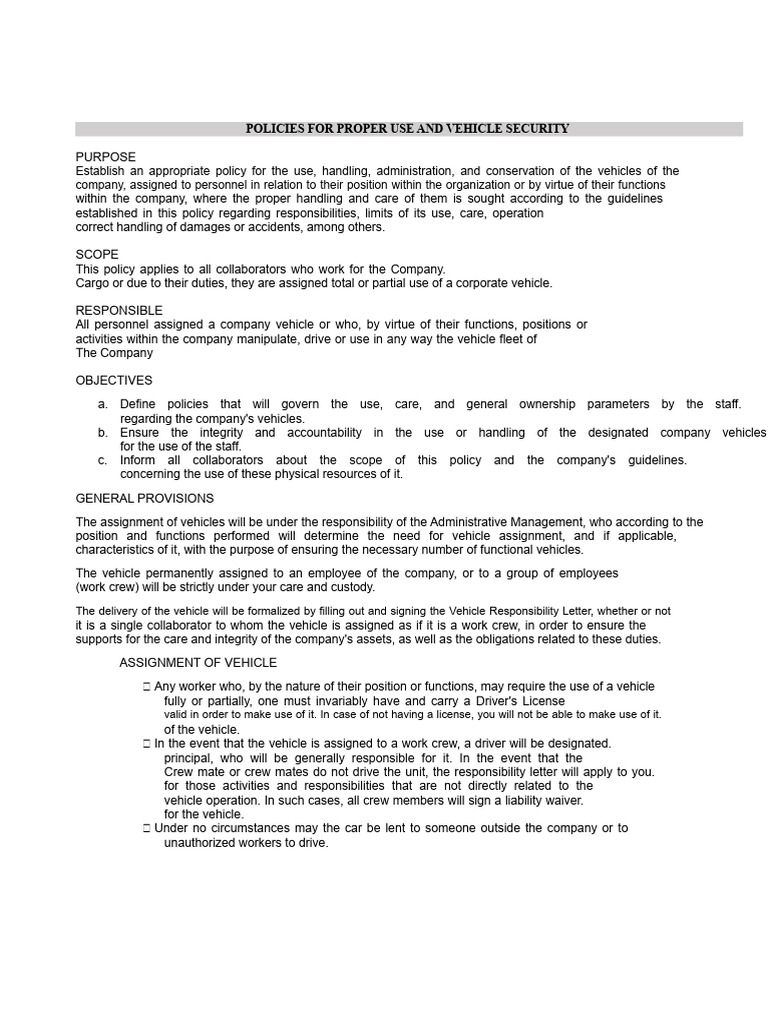 Vehicle Use and Security Policies | PDF | Policy | Regulatory Compliance