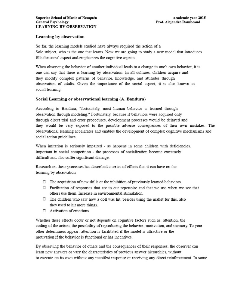 Learning by Observation in Psychology | PDF | Learning | Attitude ...