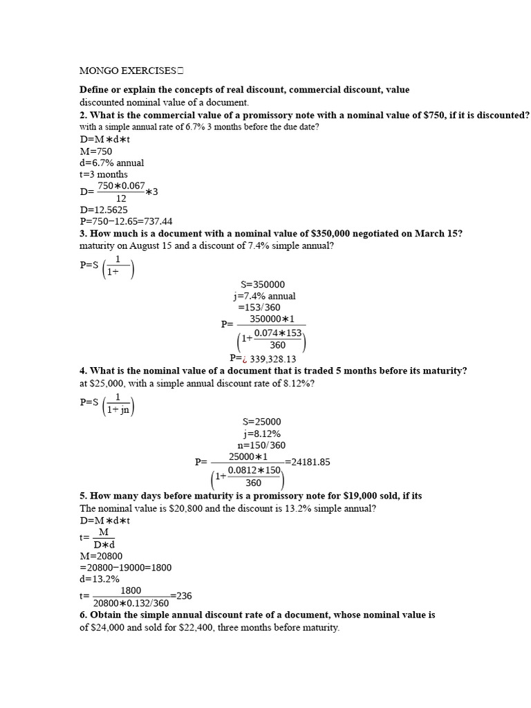 Mongo Exercises on Discount Calculations | PDF | Discounting | Interest
