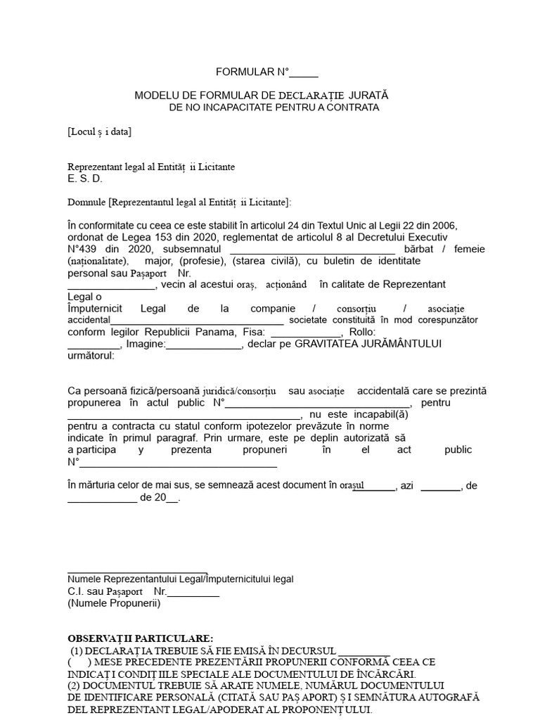 Model Formular Declarație Pe Onoare - Fără Incapacitate de A Încheia ...
