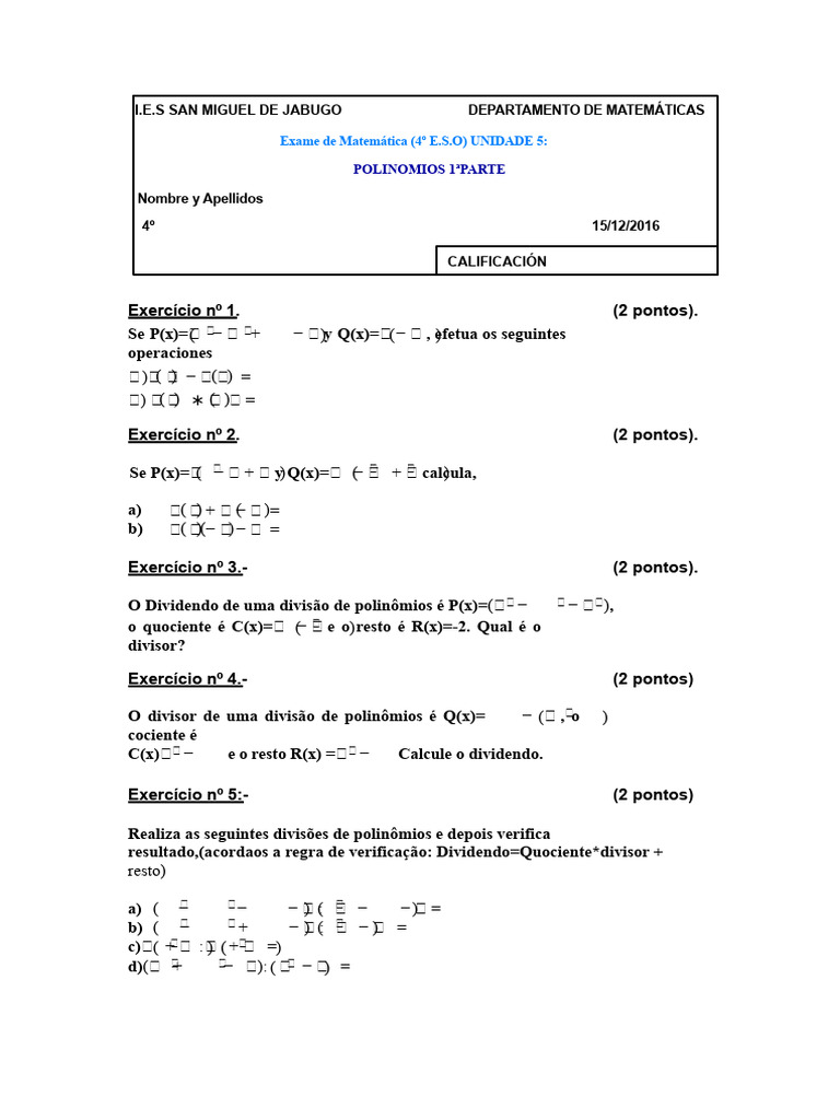 Divisão de Polinômios e Exercícios | PDF