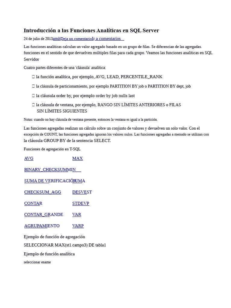 Funciones Analíticas en SQL Server | PDF | Servidor SQL de Microsoft ...