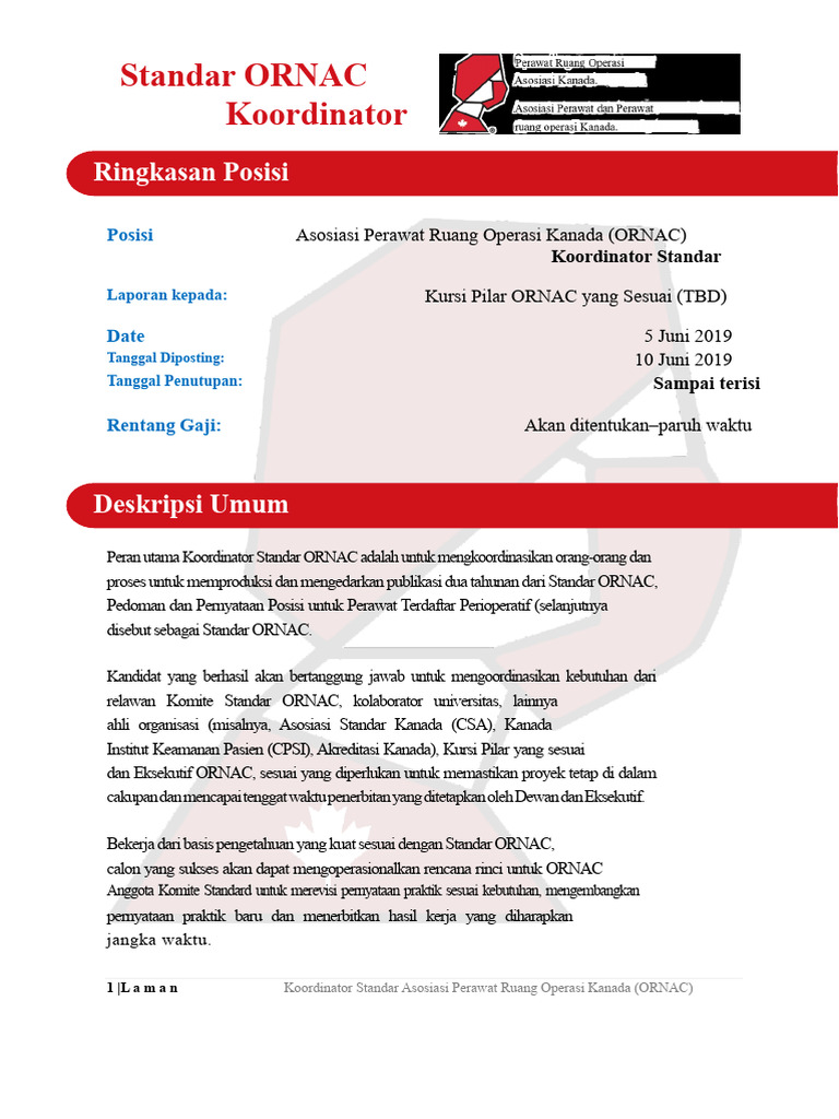 Lowongan Koordinator Standar ORNAC 2019 | PDF