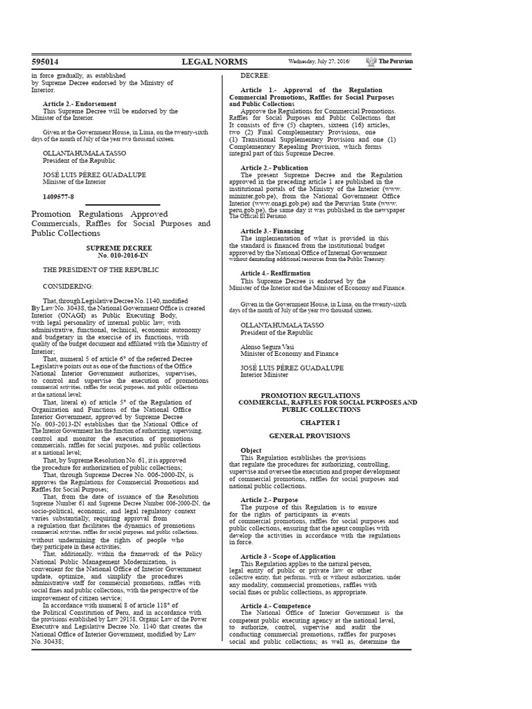 Regulation of Commercial Promotions and Raffles Approved by Supreme ...