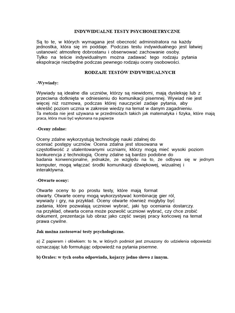 Indywidualne Testy Psychometryczne | PDF