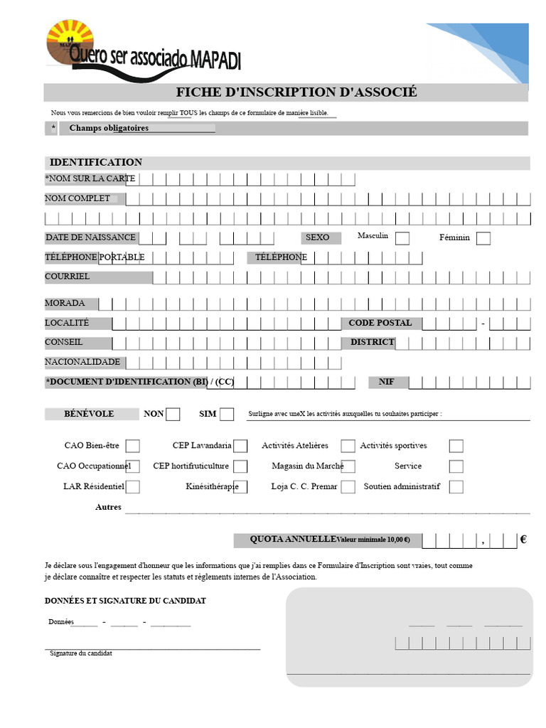 Fiche d'inscription pour adhésion MAPADI | PDF