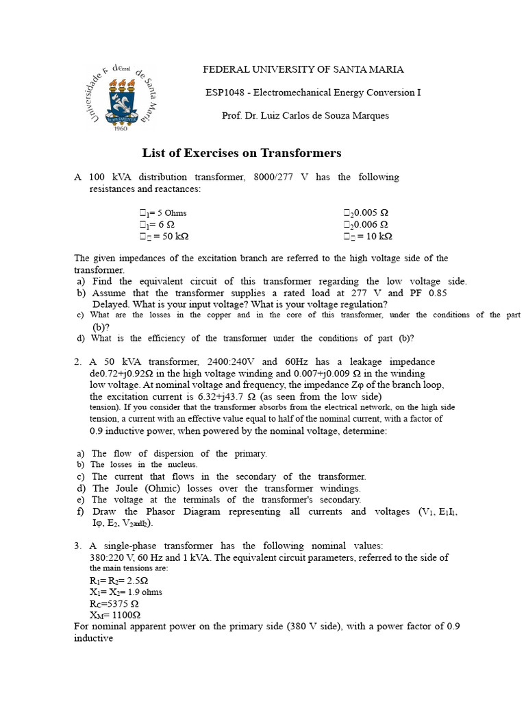 Transformer Exercises and Calculations | PDF | Transformer | Electrical ...