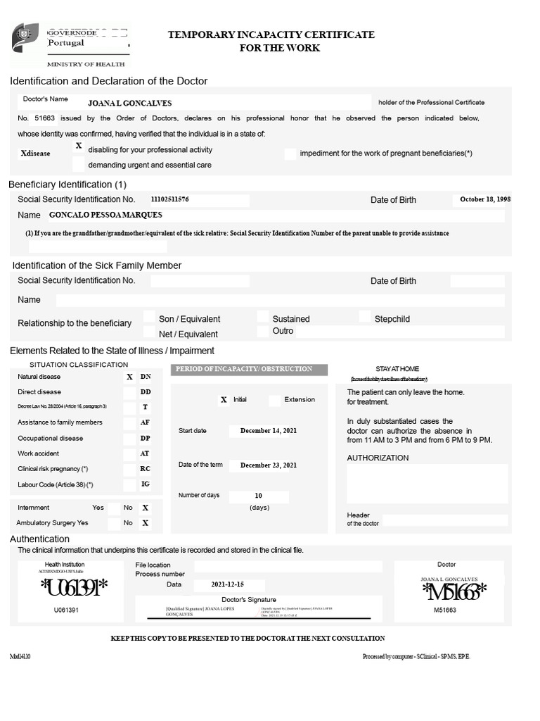 Temporary Work Incapacity Certificate | PDF | Health Sciences | Social ...