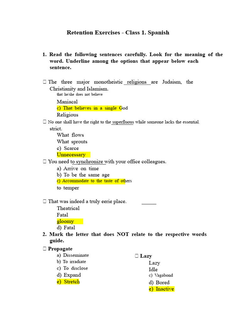 Spanish Retention Exercises Class 1 | PDF