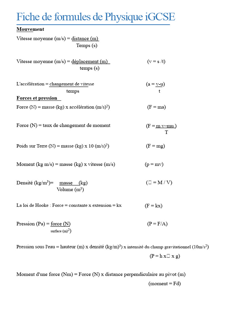 Formules de Physique iGCSE Essentielles | PDF | Obliger | Masse