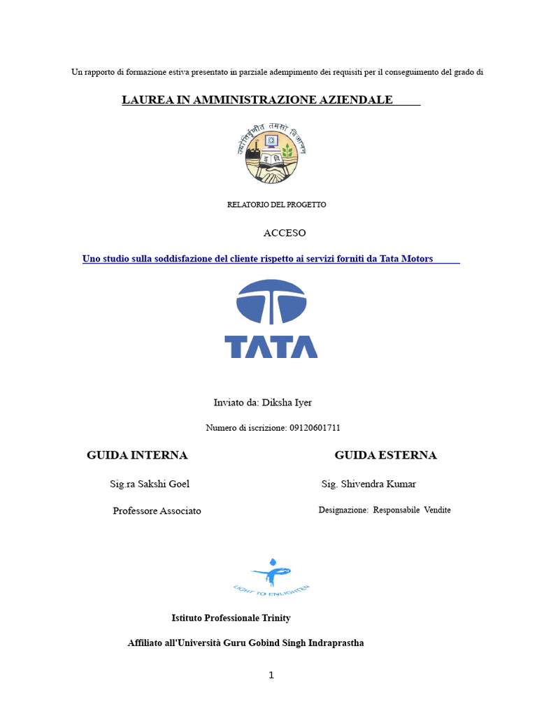 Relazione Di Progetto Su Tata Motors | PDF