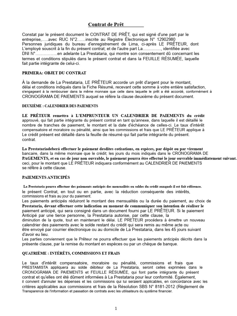 Contrat de Prêt : Conditions et Paiements | PDF | Crédit | Finance et ...