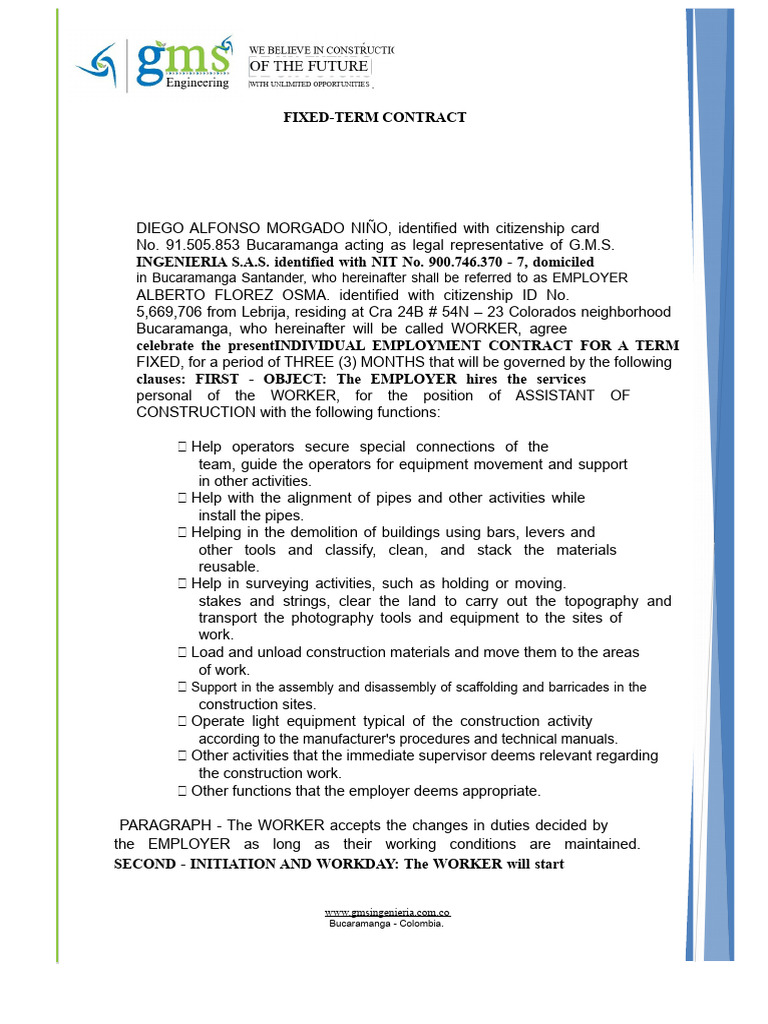 Fixed Term Contract For Construction Assistant GMS | PDF | Employment ...