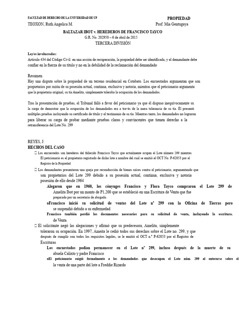 Ibot v. Herederos de Tayco - Propiedad | PDF | Propiedad | Justicia