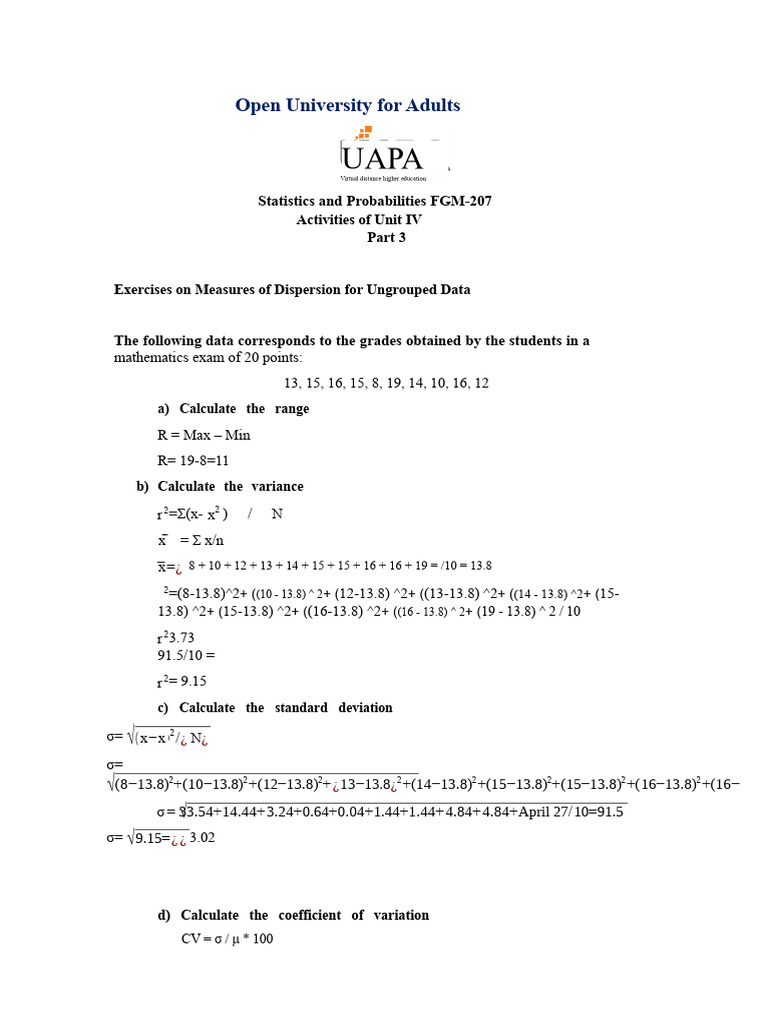 Measures of Dispersion Exercises | PDF | Standard Deviation | Data Analysis