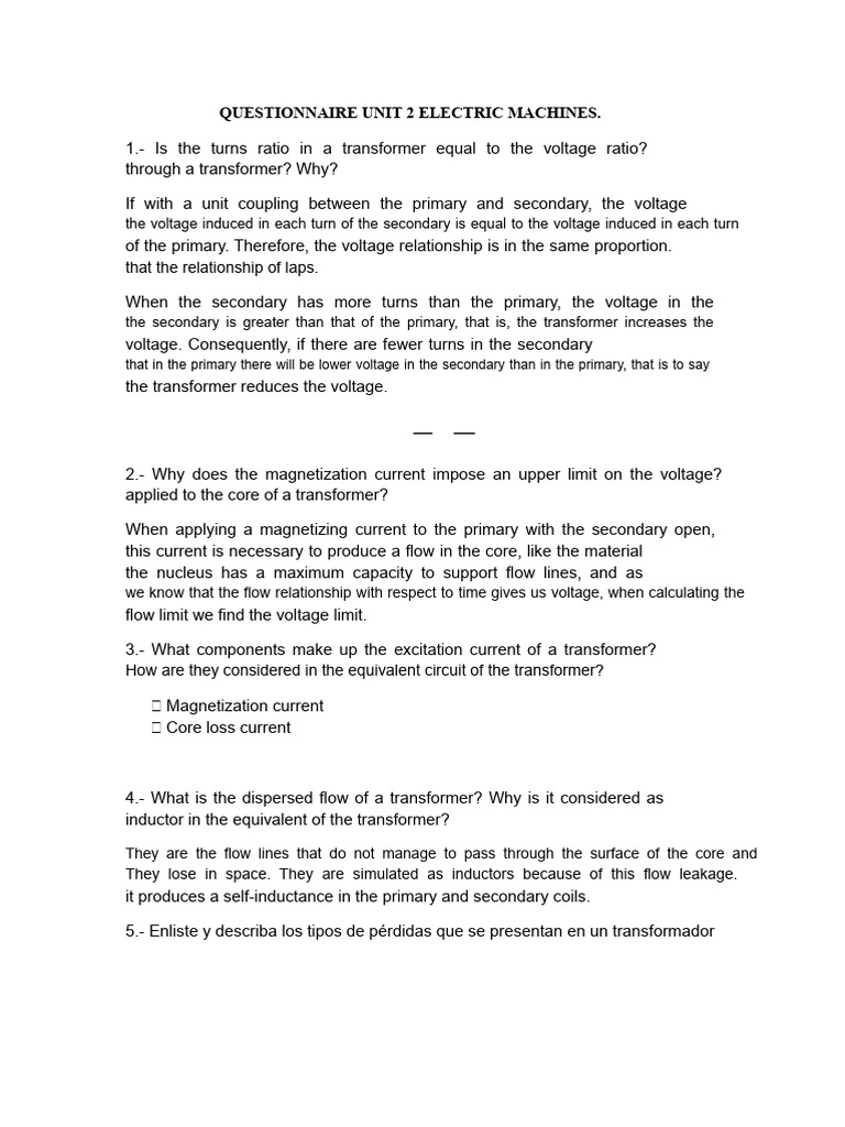 Questionnaire Unit 2 Electric Machines | PDF | Transformer | Inductor