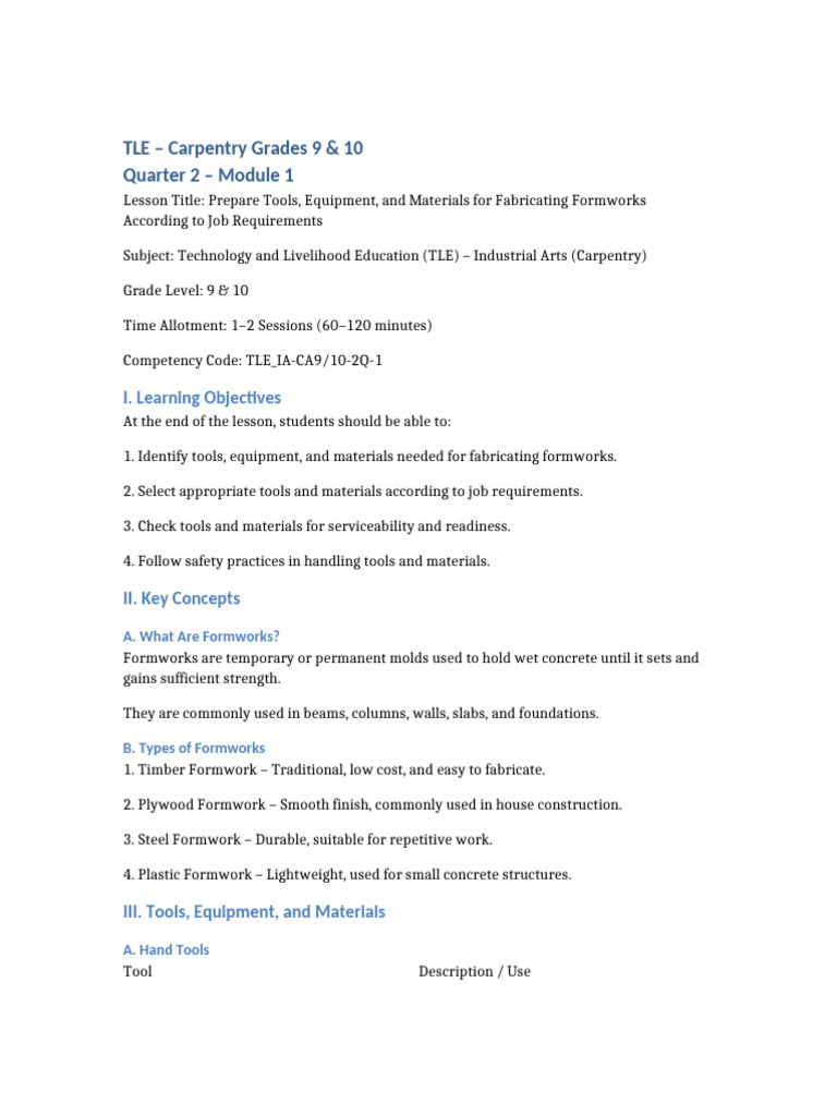 Prepare Tools for Formwork Fabrication | PDF | Lumber | Carpentry