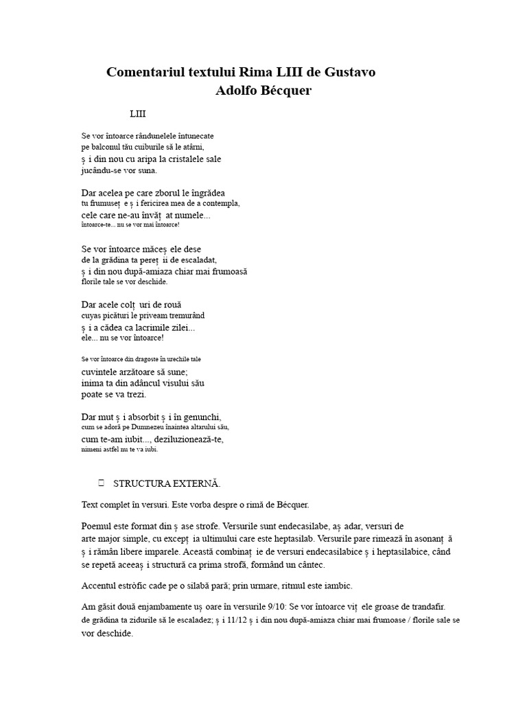 Comentariul Textului Rima LIII de Gustavo Adolfo Bécquer | PDF