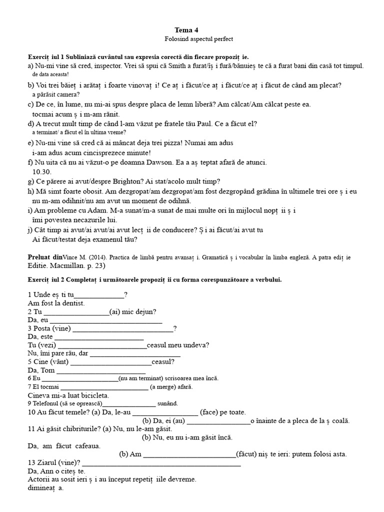 Fișa de Lucru 4 Folosind Aspectul Perfect | PDF