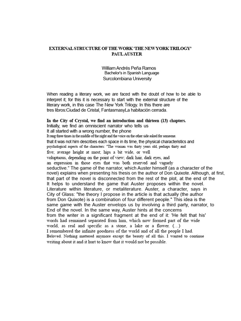 The New York Trilogy - Paul Auster - : External Structure | PDF ...