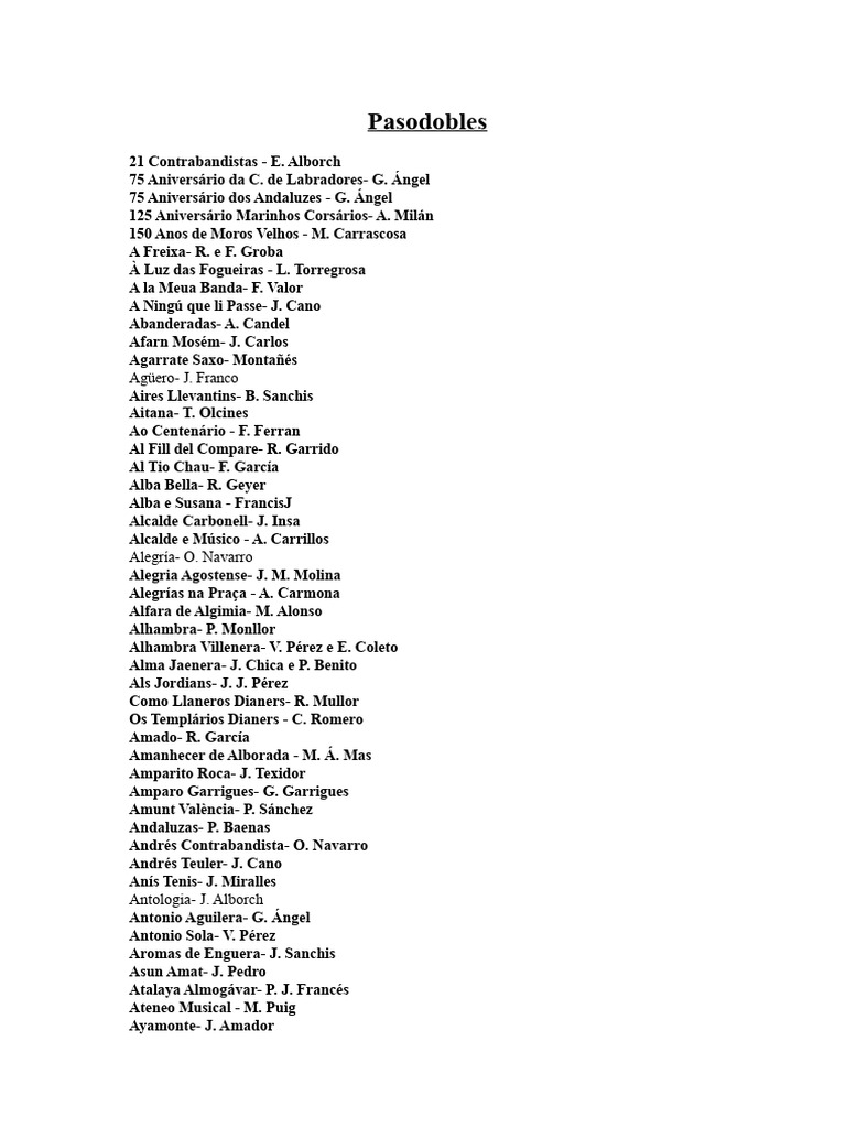 Lista de Pasodobles e Músicas Variadas | PDF