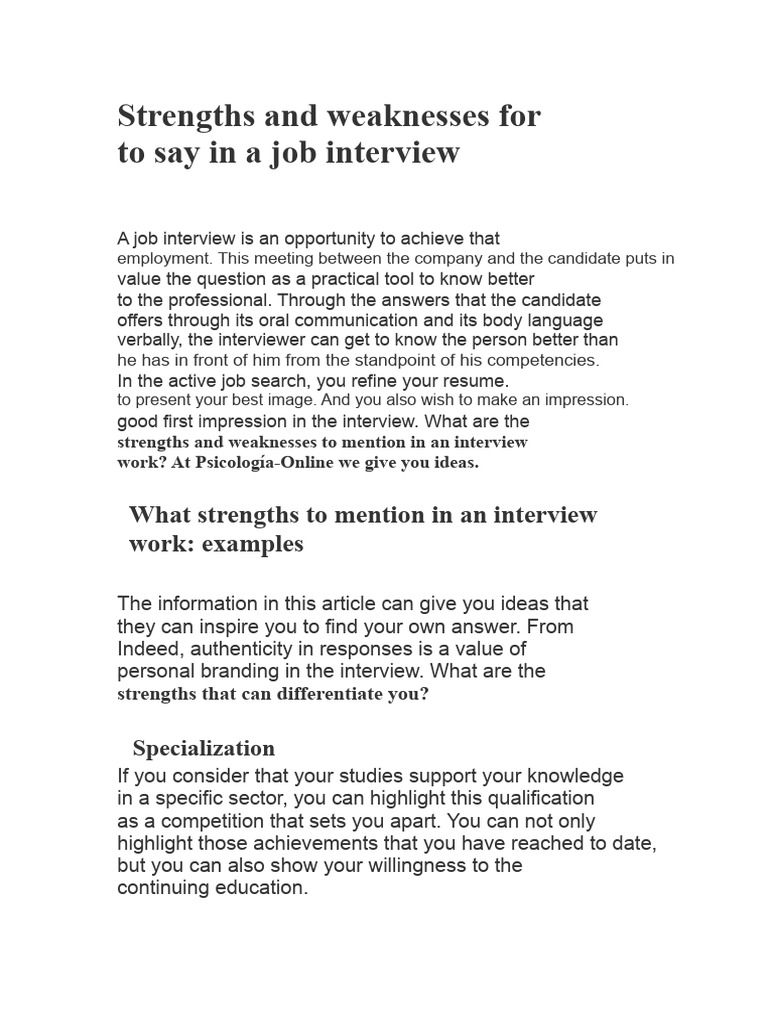 Strengths and Weaknesses To Mention in A Job Interview | PDF | Job ...