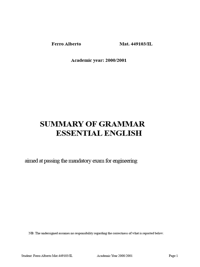 Essential English Grammar Summary | PDF | Verb | Perfect (Grammar)