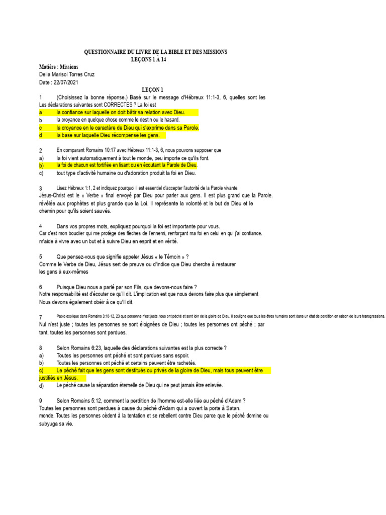Questionnaire sur la foi et les missions bibliques | PDF | Église ...