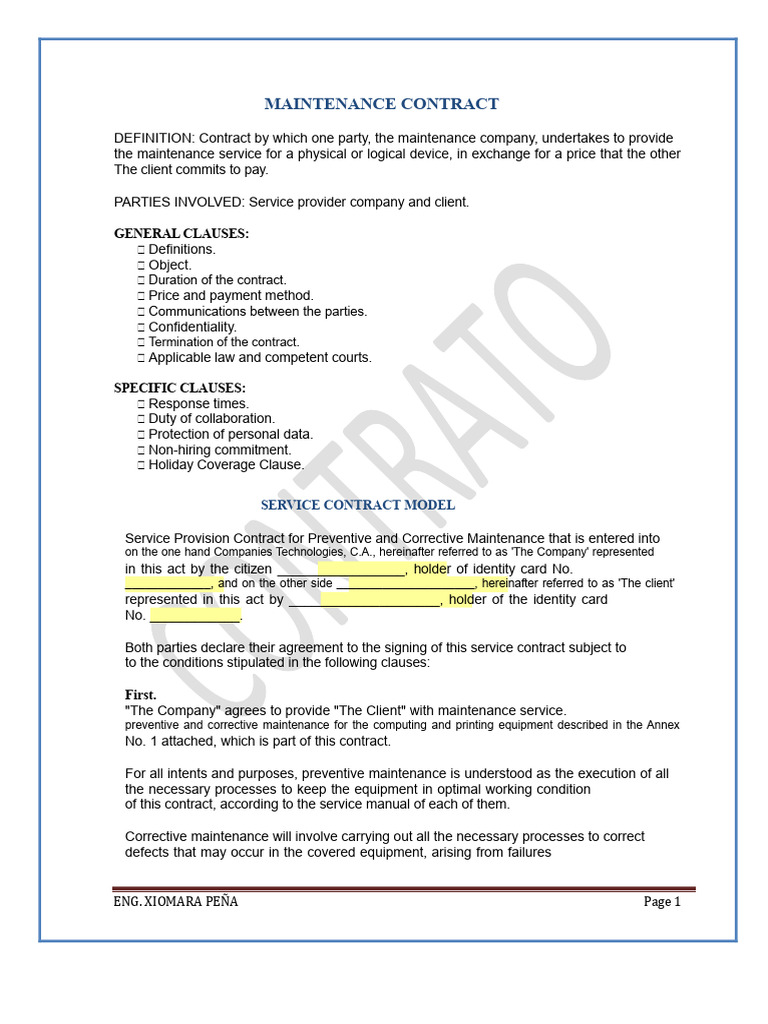Maintenance Service Contract Template | PDF | Business | Private Law