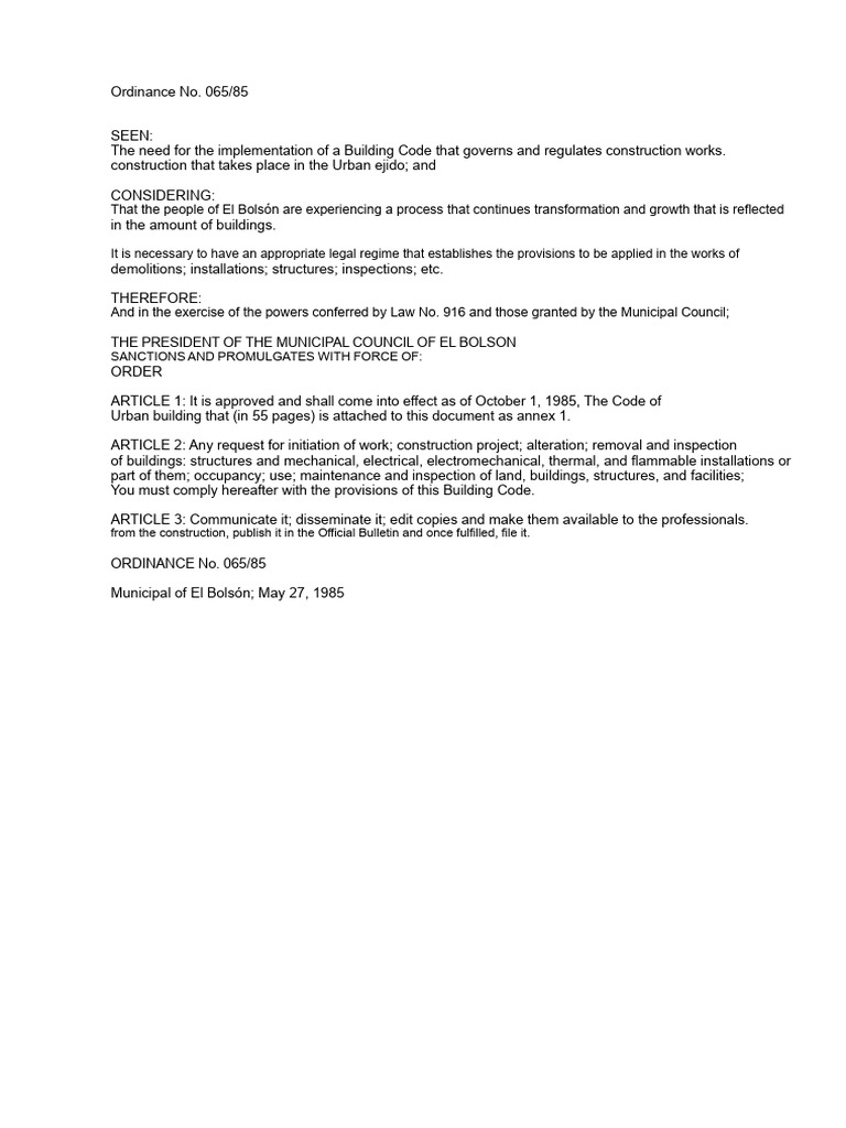 Ord. No. 065-85-Building Code-El Bolson | PDF | Wall | Demolition