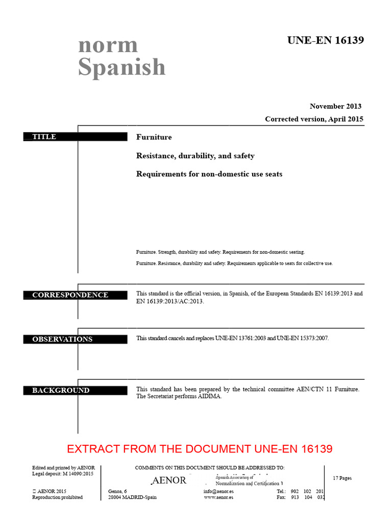 UNE-EN 16139:2013 Furniture Standards | PDF | Chair