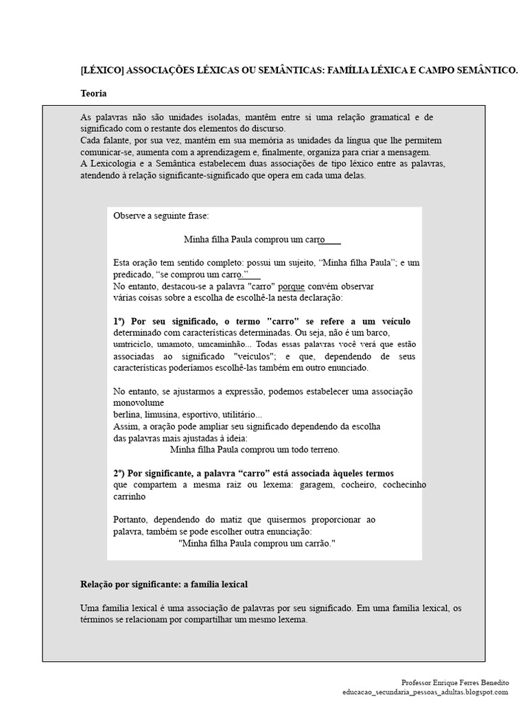 Família Lexical e Campo Semântico. | PDF | Palavra | Vênus