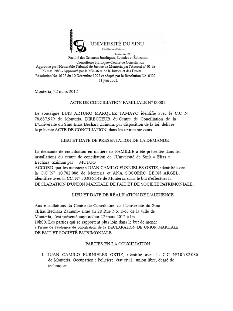 Acte de Conciliation Familiale à Montería | PDF | Justice | Crime et ...