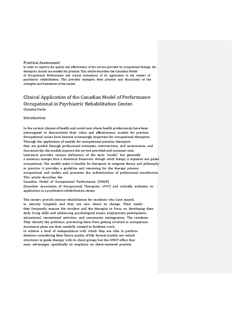 Clinical Application of The Canadian Model of Occupational Performance ...
