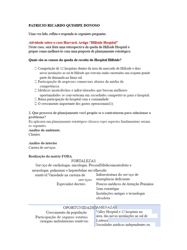 Planejamento Estratégico para Hillside Hospital | PDF | Hospital ...