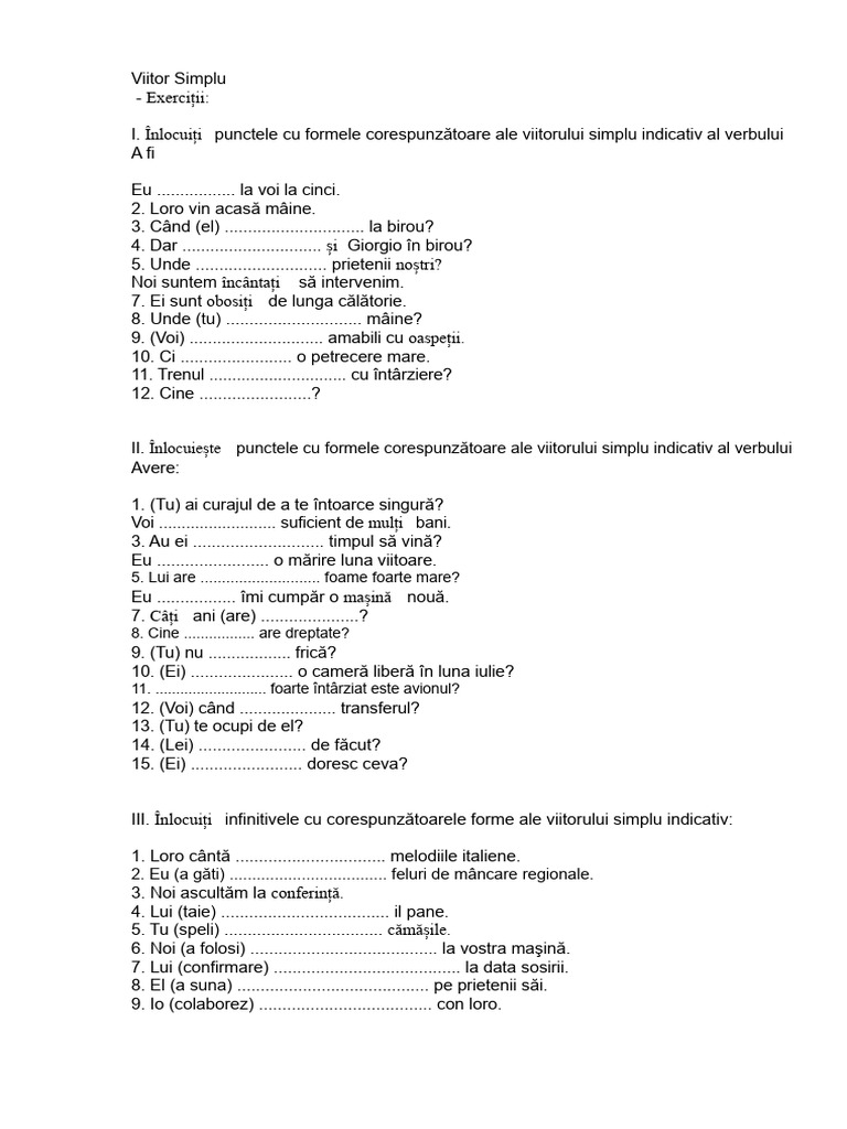 Viitorul Simplu - Exerciții | PDF