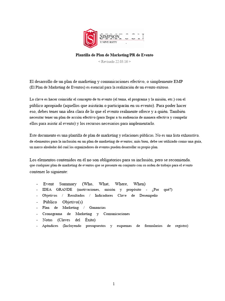 Plantilla de Plan de Marketing para Eventos | PDF | Marketing | Publicidad