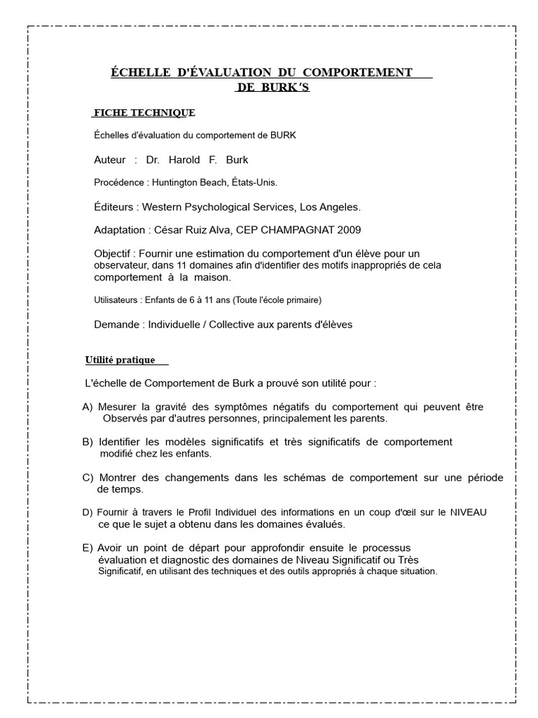 Évaluation du Comportement de Burk | PDF | Concept de psychologie ...