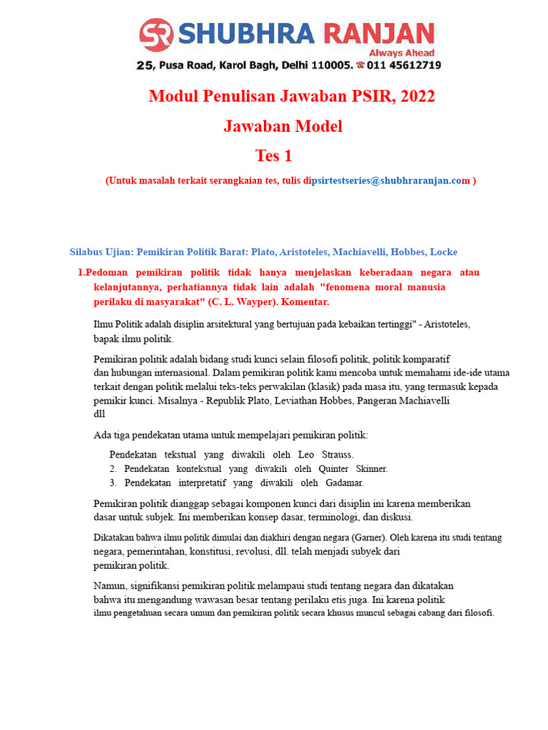 Subhra Ranjan PSIR 2022 Ujian 1 | PDF