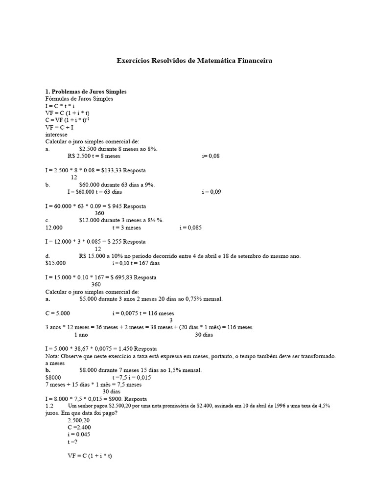 Exercícios de Matemática Financeira Resolvidos | PDF | Juros | Desconto