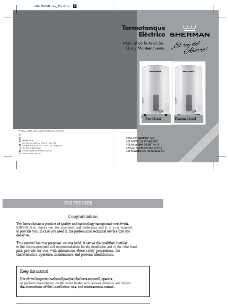 Manual Sherman Electric Foot and Hang 34619700 R0 | PDF | Water Heating ...