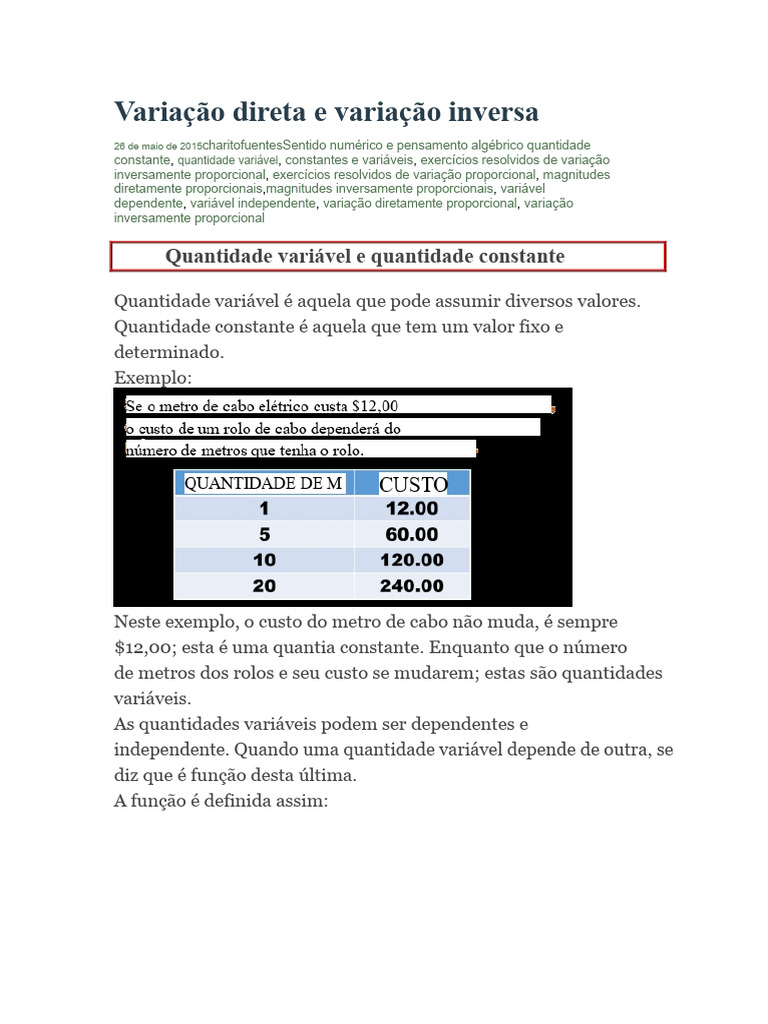 Variação Direta e Variação PDF | PDF | Tempo | Velocidade