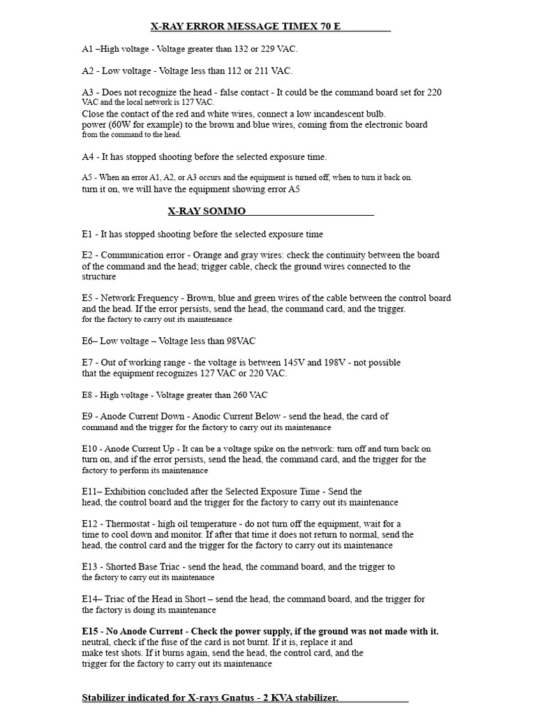 X-Ray Error Codes and Solutions Guide | PDF | Alternating Current ...
