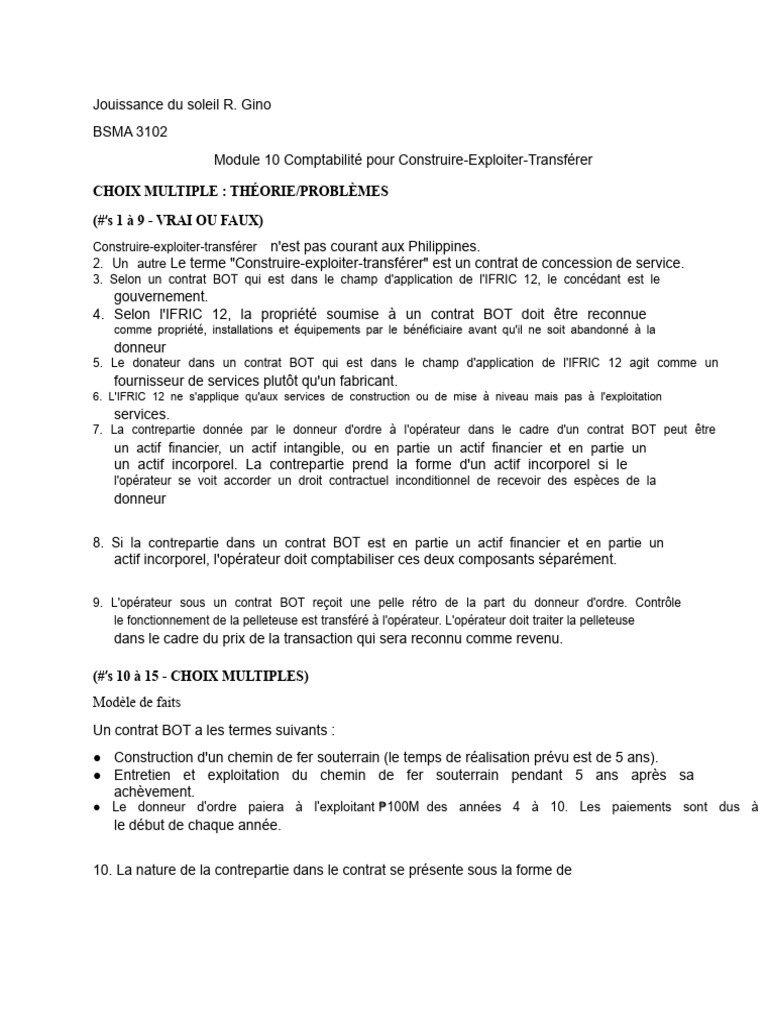 Questions sur les contrats BOT et IFRIC 12 | PDF | Comptabilité